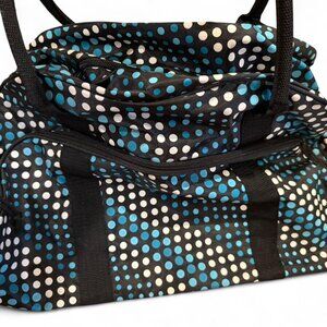 Blue and black polka dot travel rolling duffle bag EUC